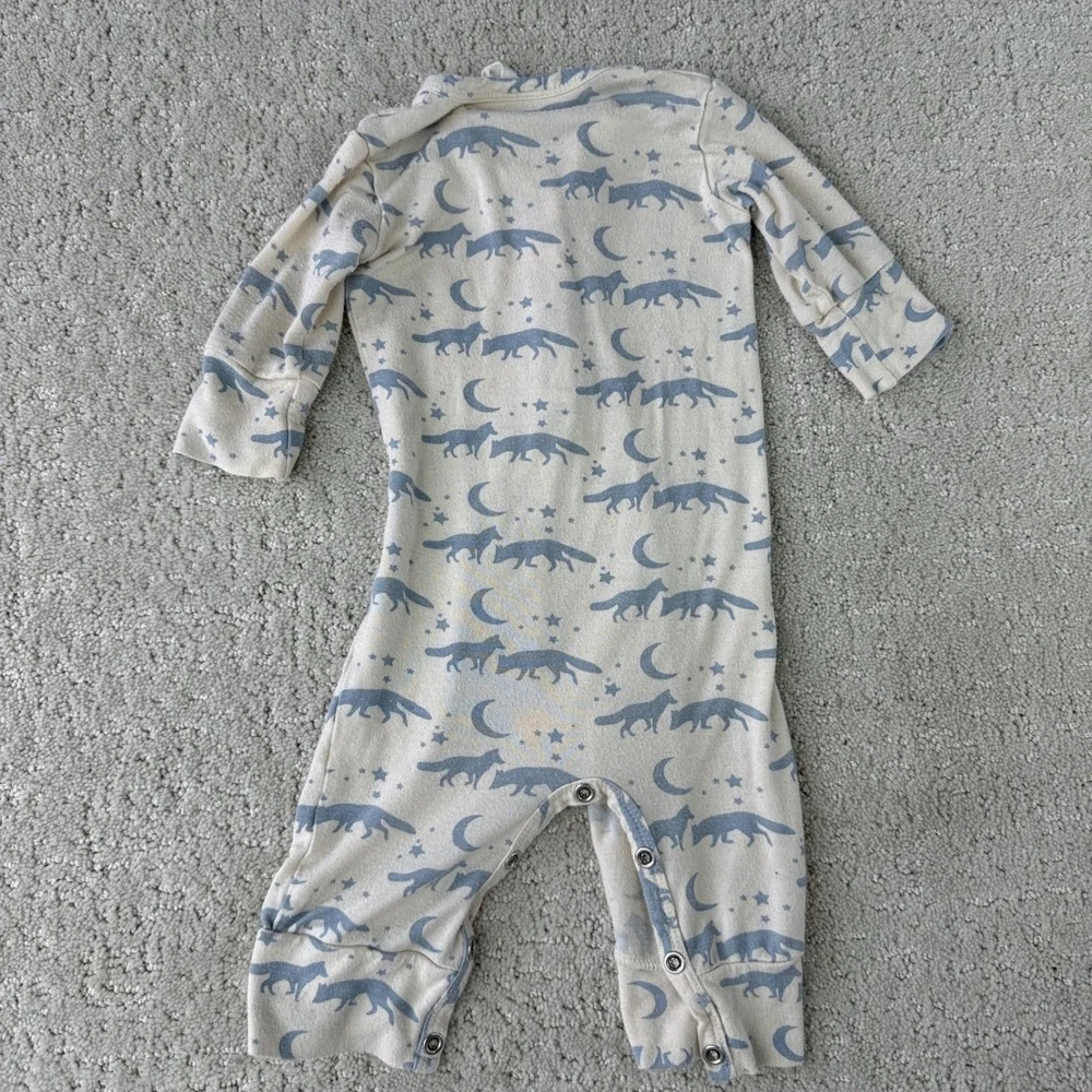 Kate Quinn Bamboo Fox Moon Romper Kids 0-3M Cream Blue Long Sleeve Snaps 12612